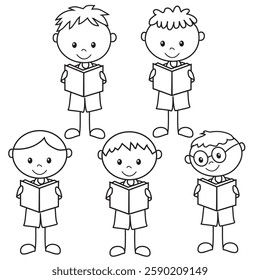 Stick figure boys   are reading books vector cartoon illustration