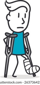 Stick Figure with a Broken Leg on Crutches. Concept of rehabilitation and temporary disability.