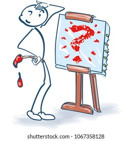 Stick figure with brushes, canvas and question mark