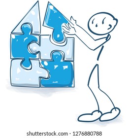 Stick figure builds a house with a puzzle