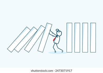 A stick figure with a bun and red tie stops falling dominoes from toppling completely. The minimalist drawing emphasizes crisis management, intervention, and problem solving in a business context