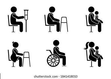 Stick figure bus sign man with crutches, people with walkers, parents with baby on knees vector icon illustration set. Give seat symbol good manners etiquette priority access silhouette pictogram