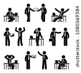 Stick figure business man icon set. Vector illustration of male at workplace isolated on white