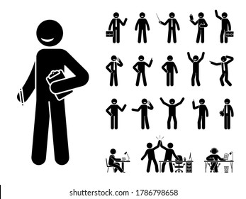 Stick figure business man standing in different poses design vector icon set. Happy, sad, surprised, amazed, angry face. Sitting, celebrating, writing stickman male person