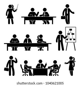 Stick figure business meeting icon set. Vector illustration of finance conversation on white
