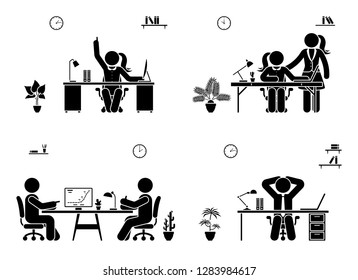 Stick figure business meeting icon set. Men and women working in office pictogram