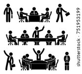 Stick figure business meeting set. Finance chart person pictogram icon. Employee solution marketing discussion.