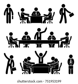 Stick figure business meeting set. Finance chart person pictogram icon. Employee solution marketing discussion.