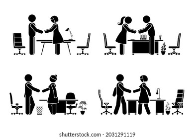 Stick figure business men and women negotiation vector icon set. Stickman office workers handshaking, meeting, talking pictogram on white