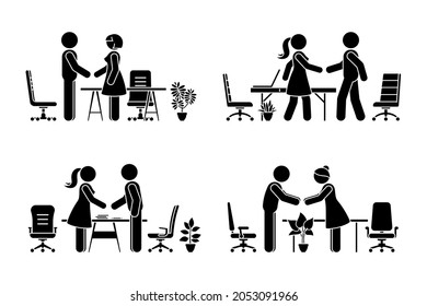 Stick figure business men and women at meeting, negotiation, good deal vector icon set. Stickman office workers handshaking, talking pictogram on white