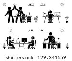 Stick figure business office vector icon pictogram on white. Men and women happy, working, sitting, reporting, writing people silhouette