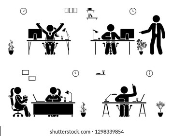 Stick figure business office vector icon people pictogram. Man and woman working, solving, reporting silhouette