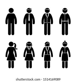 Stick figure business people standing front view black and white icon vector set