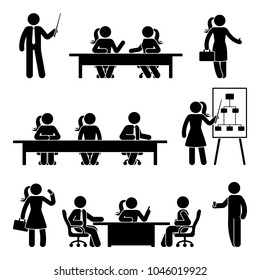Stick figure business presentation icon set. Vector illustration of negotiation on white