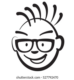 Stick figure business punk head, vector drawing on white background