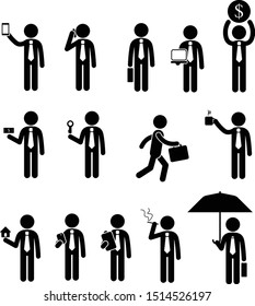 Stick figure business with various of objects. Stickman icons set