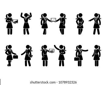 Stick figure business woman cooperation icon set. Vector illustration of female at work isolated on white