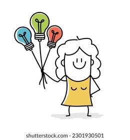 Stick figure, business woman holding lightbulb ideas balloon telling helpful tips. Doodle style. Vector illustration.