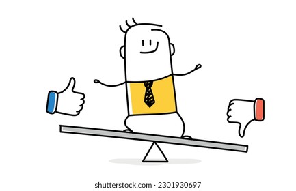 Stick figure, businessman balance on seesaw with thumb up and thumb down. Doodle style. Vector illustration.