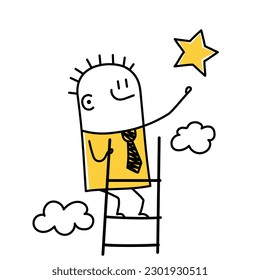 Stick figure, businessman climb up ladder of success to reach star target. Doodle style. Vector illustration.