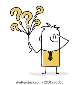 Stick figure, businessman holding question marks balloon look for solutions. Doodle style. Vector illustration.