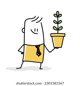 Stick figure, businessman investor hold plants pot, concept of profitability. Doodle style. Vector illustration.