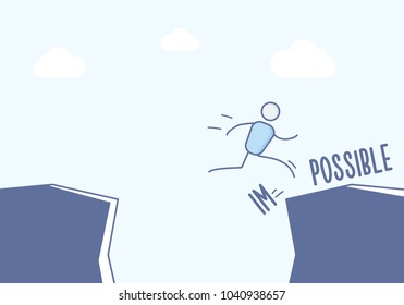 Stick figure businessman jumping over cliff and breaking the impossible into possible. Vector illustration concept in eps10 format