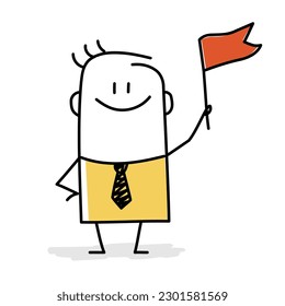 Figura de palo, líder de negocios con bandera del ganador. Estilo Doodle. Ilustración vectorial.