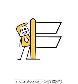 stick figure businessman present with guidepost, signage or signpost