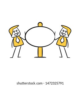 stick figure businessman present with guidepost, signage or signpost