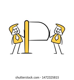 stick figure businessman present with guidepost, signage or signpost