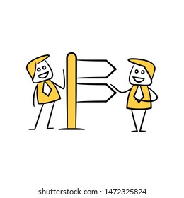 stick figure businessman present with guidepost, signage or signpost