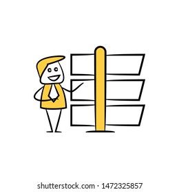 stick figure businessman present with guidepost, signage or signpost