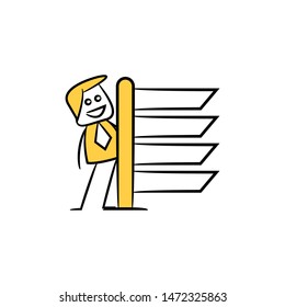 stick figure businessman present with guidepost, signage or signpost