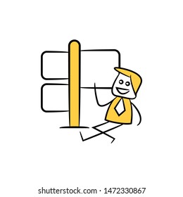 stick figure businessman present with guidepost, signage or signpost