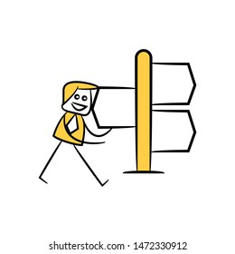 stick figure businessman present with guidepost, signage or signpost