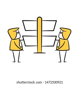 stick figure businessman present with guidepost, signage or signpost