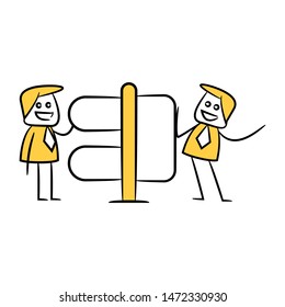 stick figure businessman present with guidepost, signage or signpost