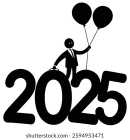  stick figure businessman, suit and tie, holding balloons, standing on giant 2025 numbers, new year concept, future outlook, business growth black and white illustration, minimalist design,