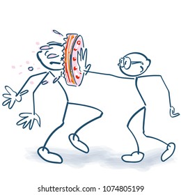 Stick figure with cake in the face and cake fight at a party