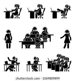 Stick figure call center icon set. Vector illustration of working woman with headphones on white