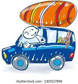 Stick figure carrying a big easter egg and little bunny