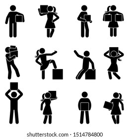 Stick Figure Carrying Box Vector Icon Pictogram