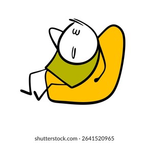 Stick figure cartoon relaxed man is sitting in an easy chair. Vector illustration of a stickman resting, sleeping in a bean bag.