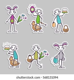 Stick figure cartoon set - paper stickers - Easter collection, vector
