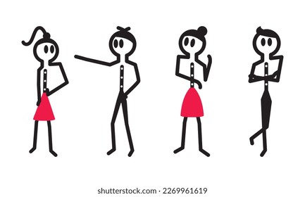 stick figure cartoon standing, pointing, facing each other. 