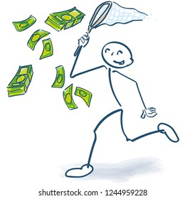 Stick figure catches with a cashier money