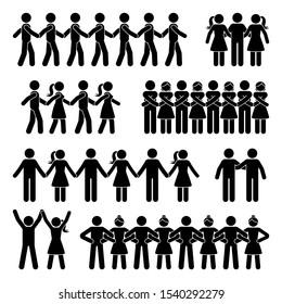 Stick figure chain people holding hands vector icon pictogram set. Man and woman team support group posture silhouette