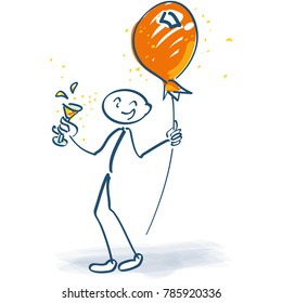 Stick figure with champagne glass and balloon on a stick