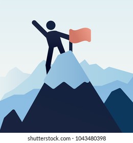 Stick figure character icon on top of the mountain snowy peak with a flag. Vector illustration design